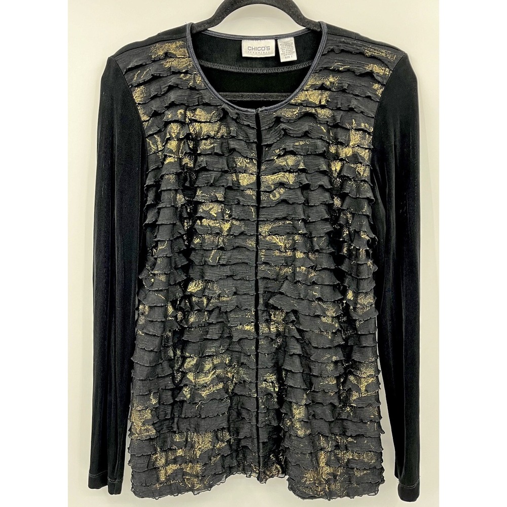 Chico's Travelers Ruffle Black And Gold Evening Jacket Size 1 Slinky